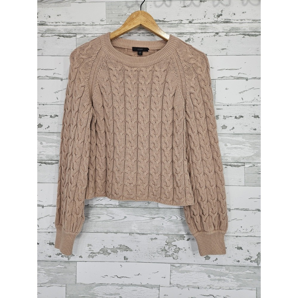 J Crew Womens XXS Tan Beige Cable Knit 100% Cotton Crewneck Sweater Raglan
